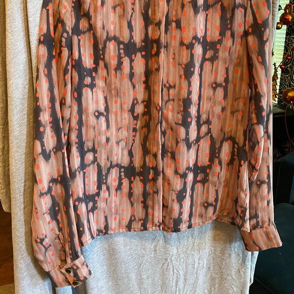 I ❤ Ronson patterned button down semi sheer long sleeve blouse XS - Picture 6 of 8